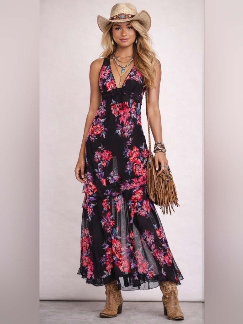 NWT Free People Floral Ruffle Sheer Maxi Dress